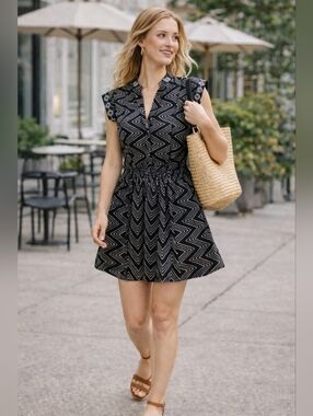 Rebecca Minkoff Black Geometric Drop Waist Mini Dress Fit Flare Boho Chic